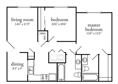 2 bed 2 bath Floor Plan at Meadow View Apartments and Townhomes, Springboro, Ohio